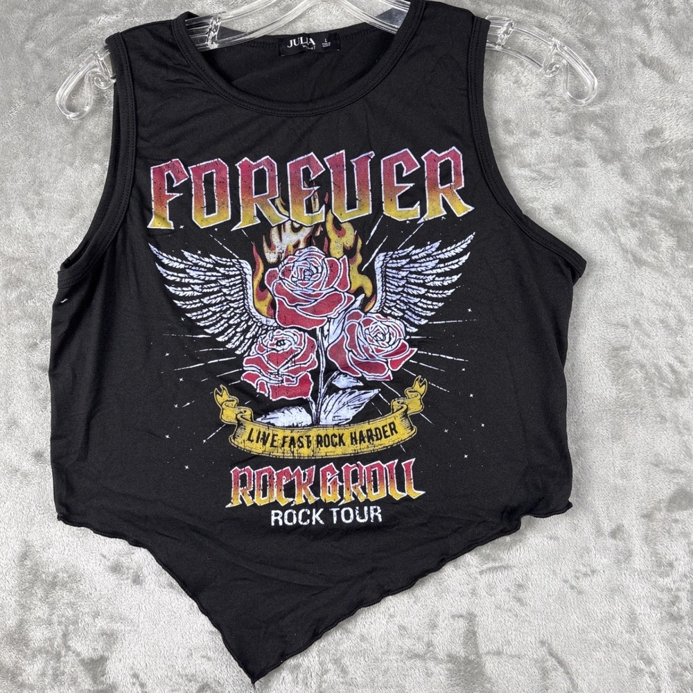 Julia by Love J Black Rock N Roll Graphic Tank Top Handkerchief Hem Large